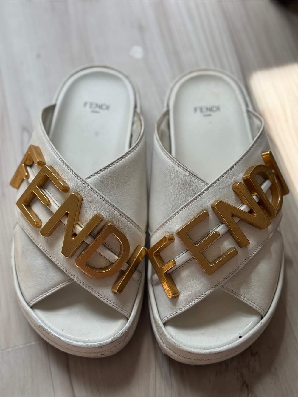 Fendi White Leather Logo Slides with Gold Lettering